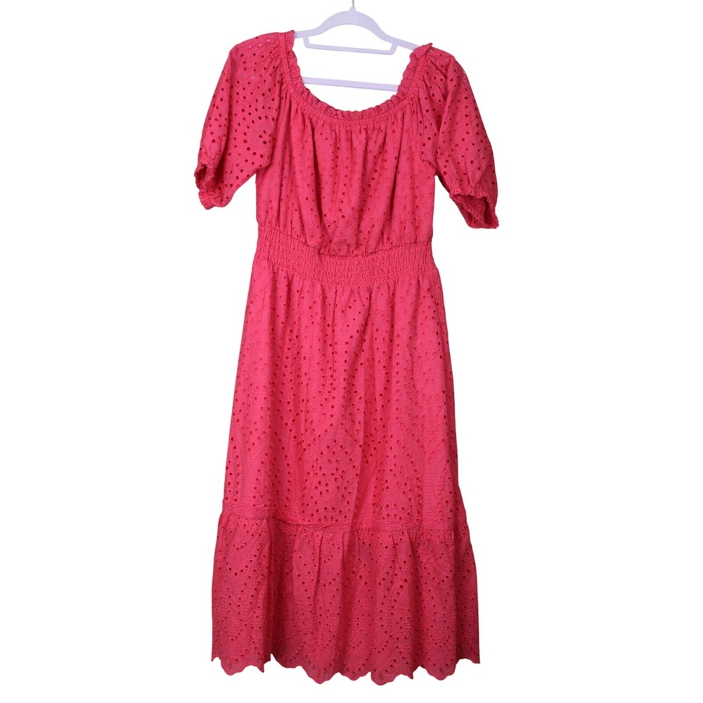 Betsey Johnson Coral Pink Off Shoulder Empire Waist Eyelet Maxi Dress Size L
